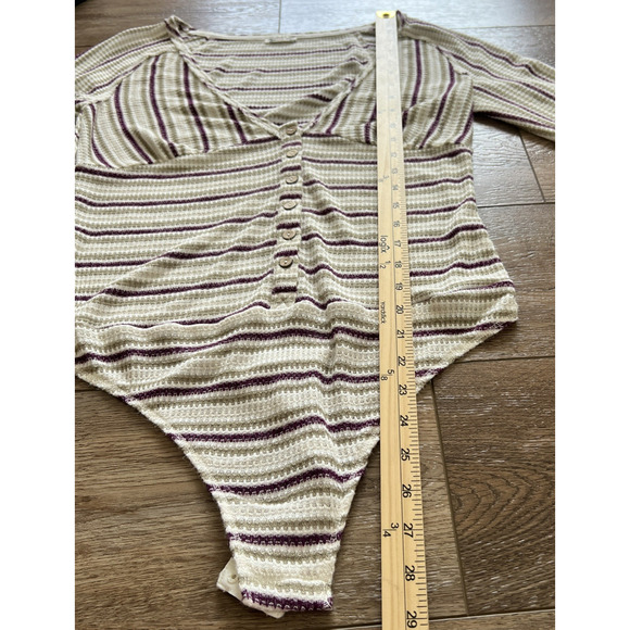 Free People Bodysuit Womens Lg By The Fire Thermal Striped Textured V-Neck Boho - Picture 7 of 11